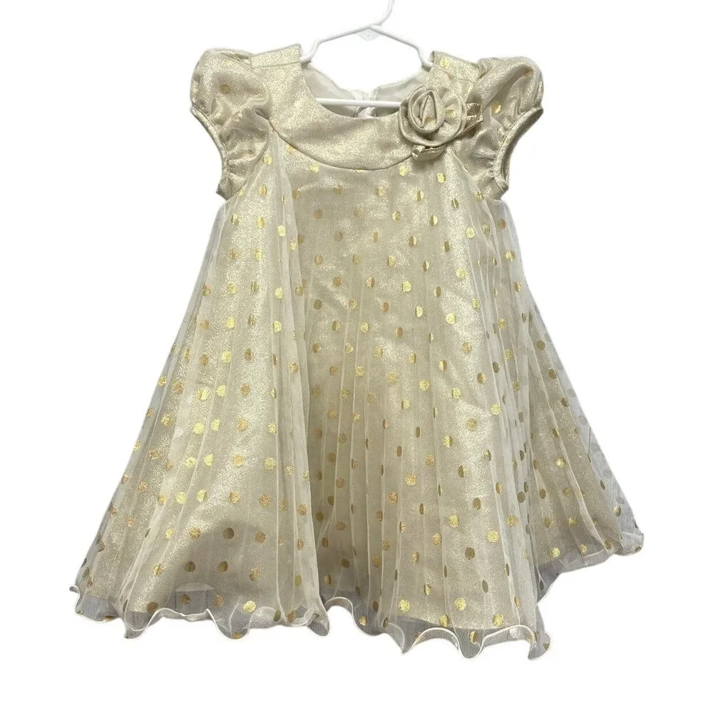 Jessica Ann Girls Size 4 Sleeveless Gold Metallic Polka Dot Pleated Formal Dress